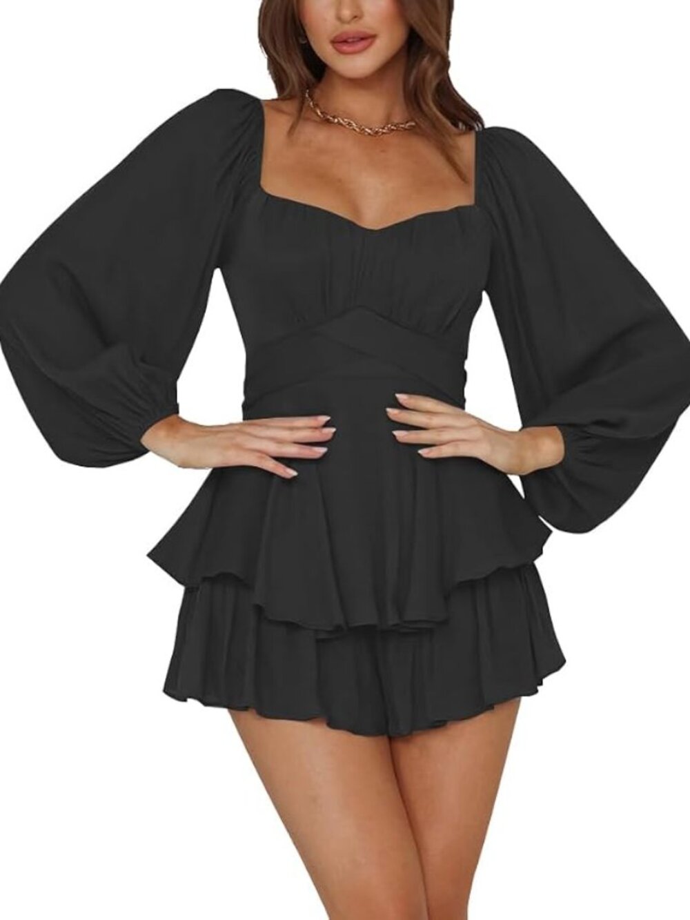 LYANER Ruffle Long Sleeve Tie Waist Romper | Medium